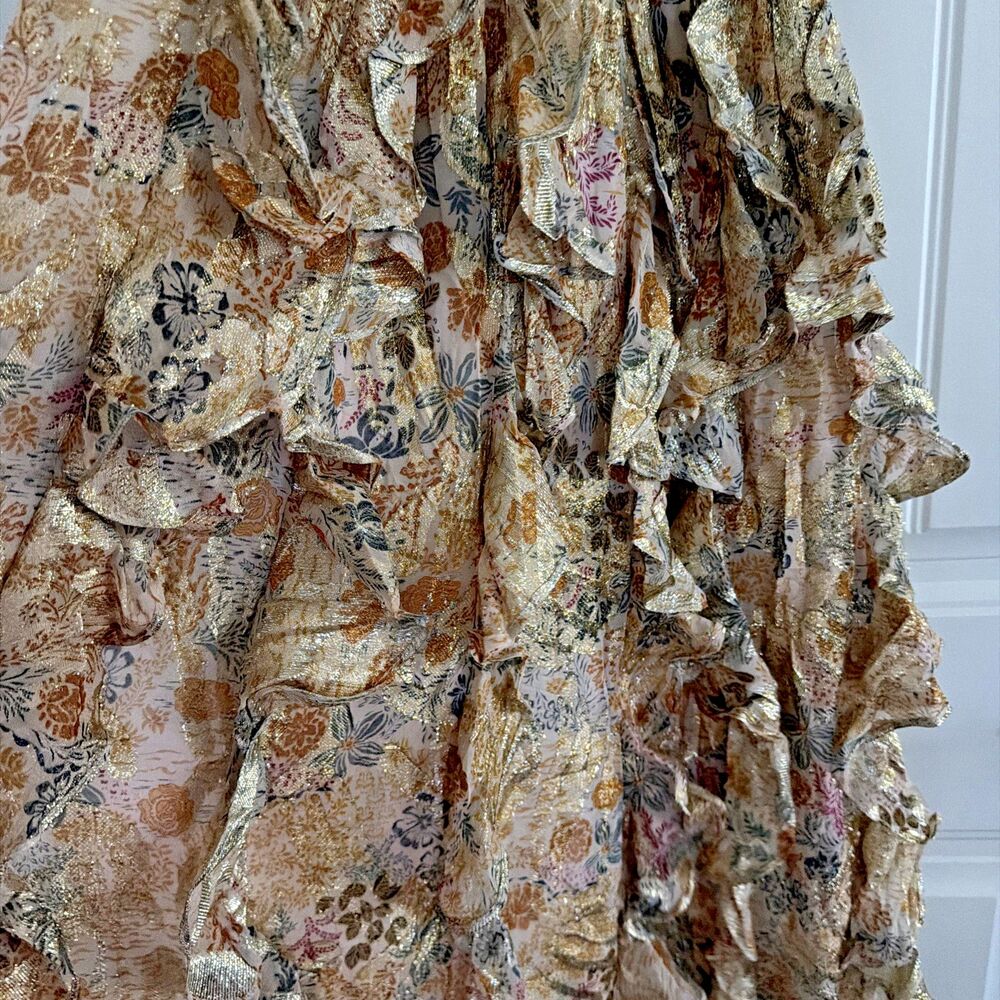1.STATE Women's Sleeveless Cascading Ruffle Maxi Dress Cream Gold Multi Size M - Picture 10 of 15